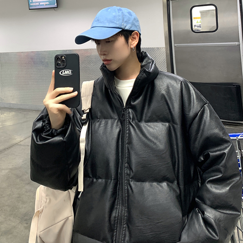 黑色90白鸭绒羽绒服男冬季新款潮牌ins港风宽松加厚立领PU皮外套