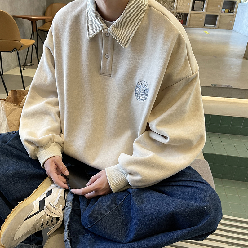 @港仔文艺男翻领卫衣男春季日系宽松百搭ins潮牌痞帅polo上衣外套