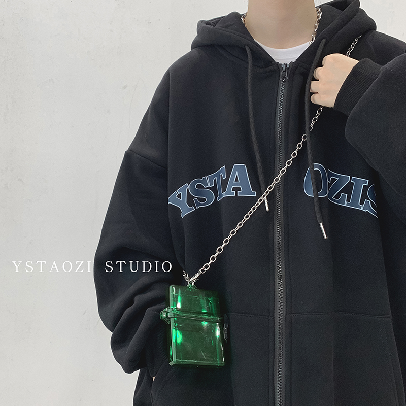 美式连帽拉链开衫卫衣外套男潮流复古百搭冬季加绒加厚运动夹克男