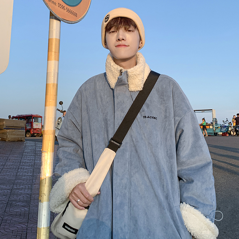 @港仔文艺男 鹿皮绒棉衣冬季加绒加厚ins潮流宽松棉服羊羔毛外套