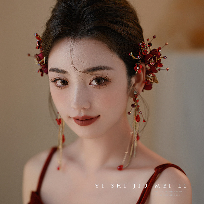 新娘结婚配饰晚宴旗袍礼服敬酒头饰红色时尚发饰