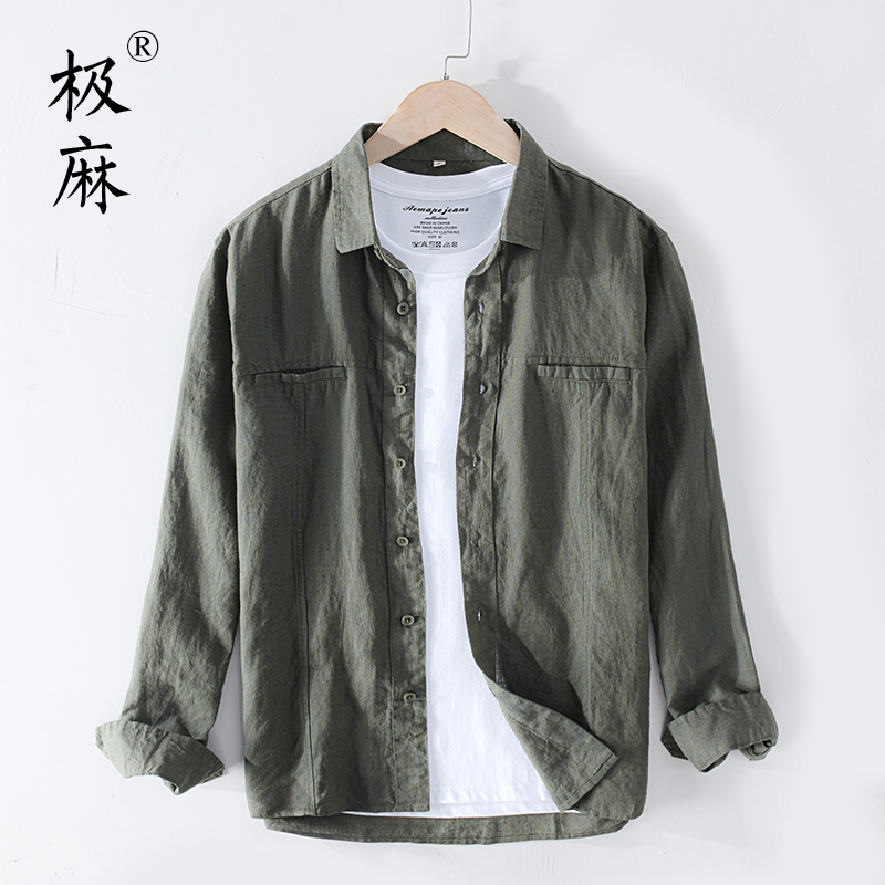 极麻复古休闲长袖亚麻衬衫男士日系做旧大码青年透气宽松棉麻衬衣