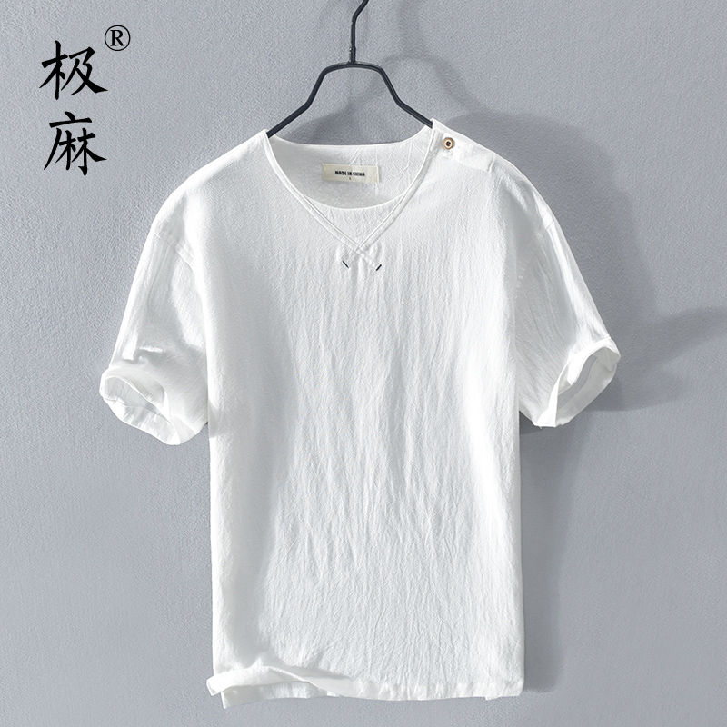 极麻日系圆领休闲短袖棉麻T恤男士清新夏季青年文艺宽松亚麻汗衫