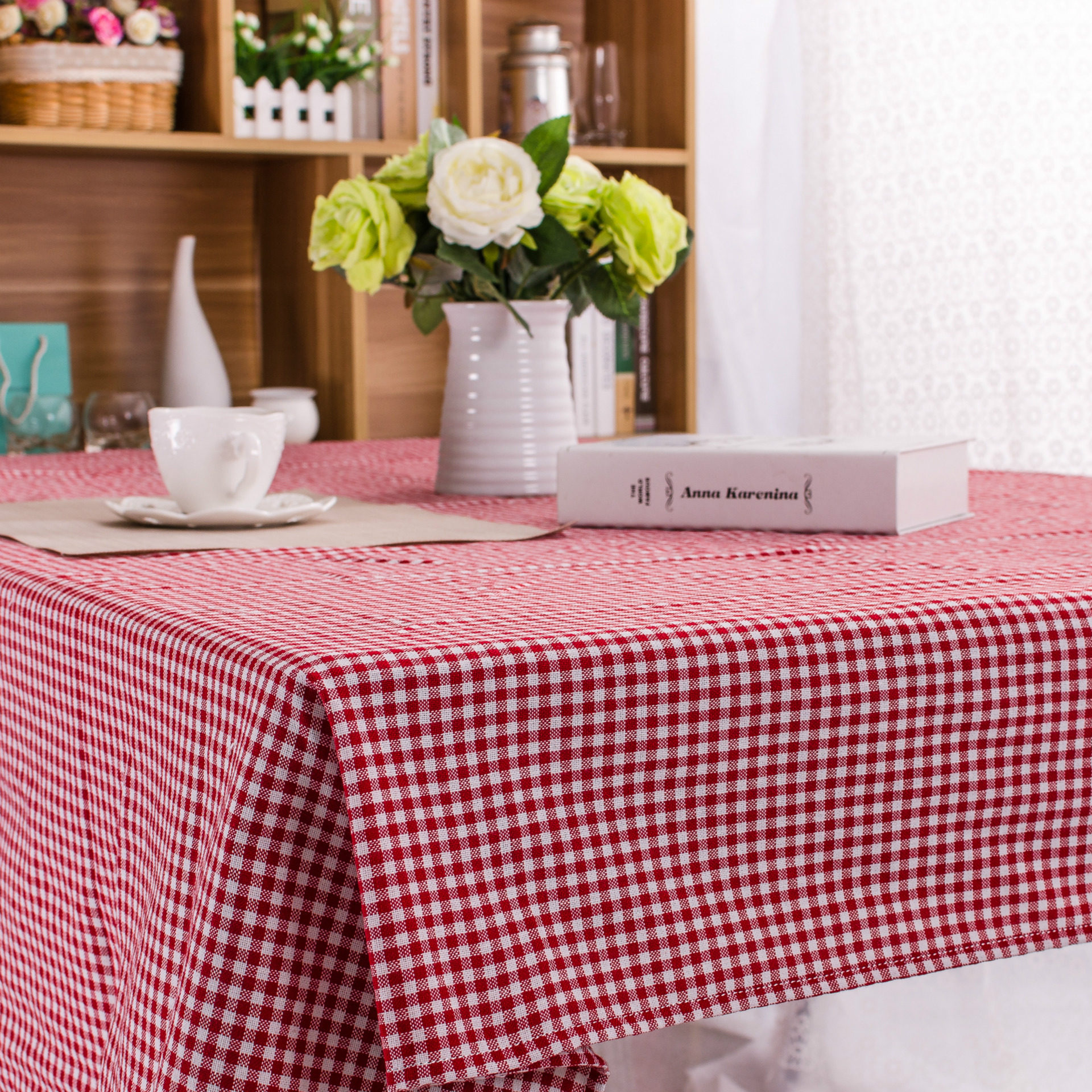 大红新款乐轩秀定制咖啡蓝绿格子棉麻餐台台布桌布