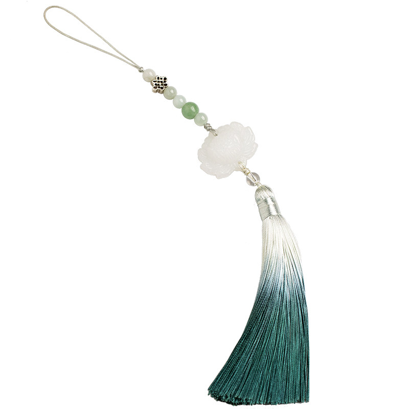 扇坠白玉莲花扇子挂件 高档渐变流苏穗子古风汉服配饰 旗袍压襟扣