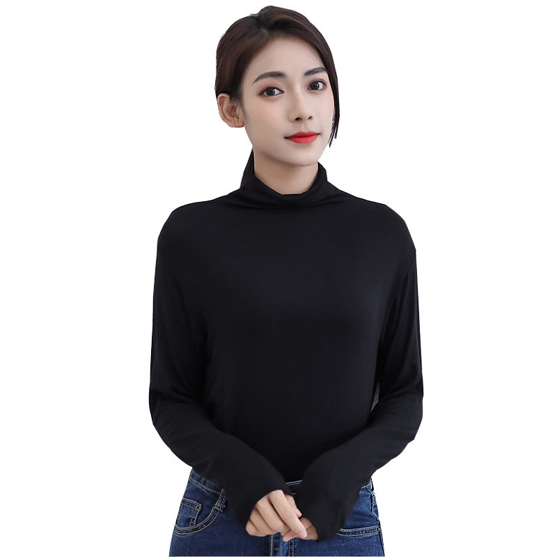 高领恤衫女春秋季新品内搭打底莫代尔纯棉修身t恤