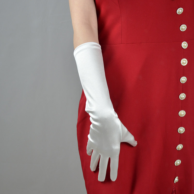英国皇室贵族礼服手套高档白色绸缎中长舞会手套