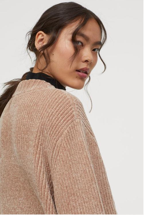 hm正品女装大码宽松针织衫秋冬雪尼尔纯色领外毛针织衫