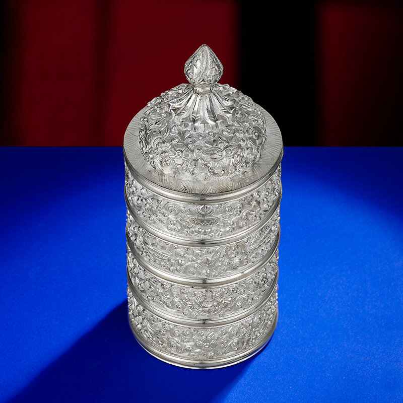 s999纯银手工八吉祥雕花米盒佛前供佛用品藏式摆件