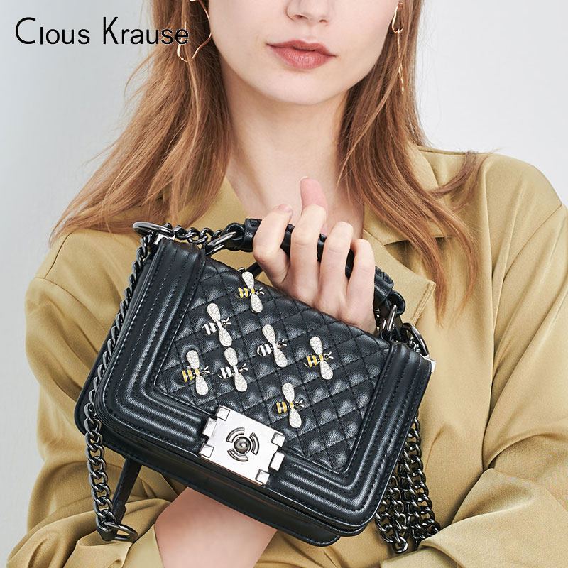 clouskrause2022新款菱格链条小方包蜜蜂蜜蜂单肩斜挎小方包