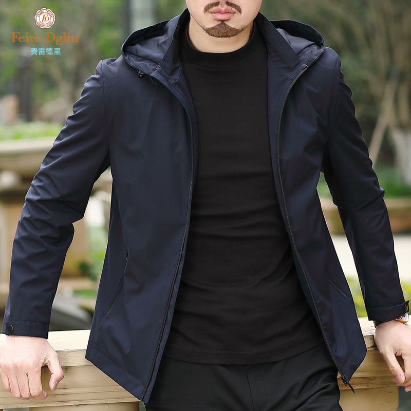 2021春新款连帽男士夹克外套中年男装商务茄克衫带帽男装短款上衣