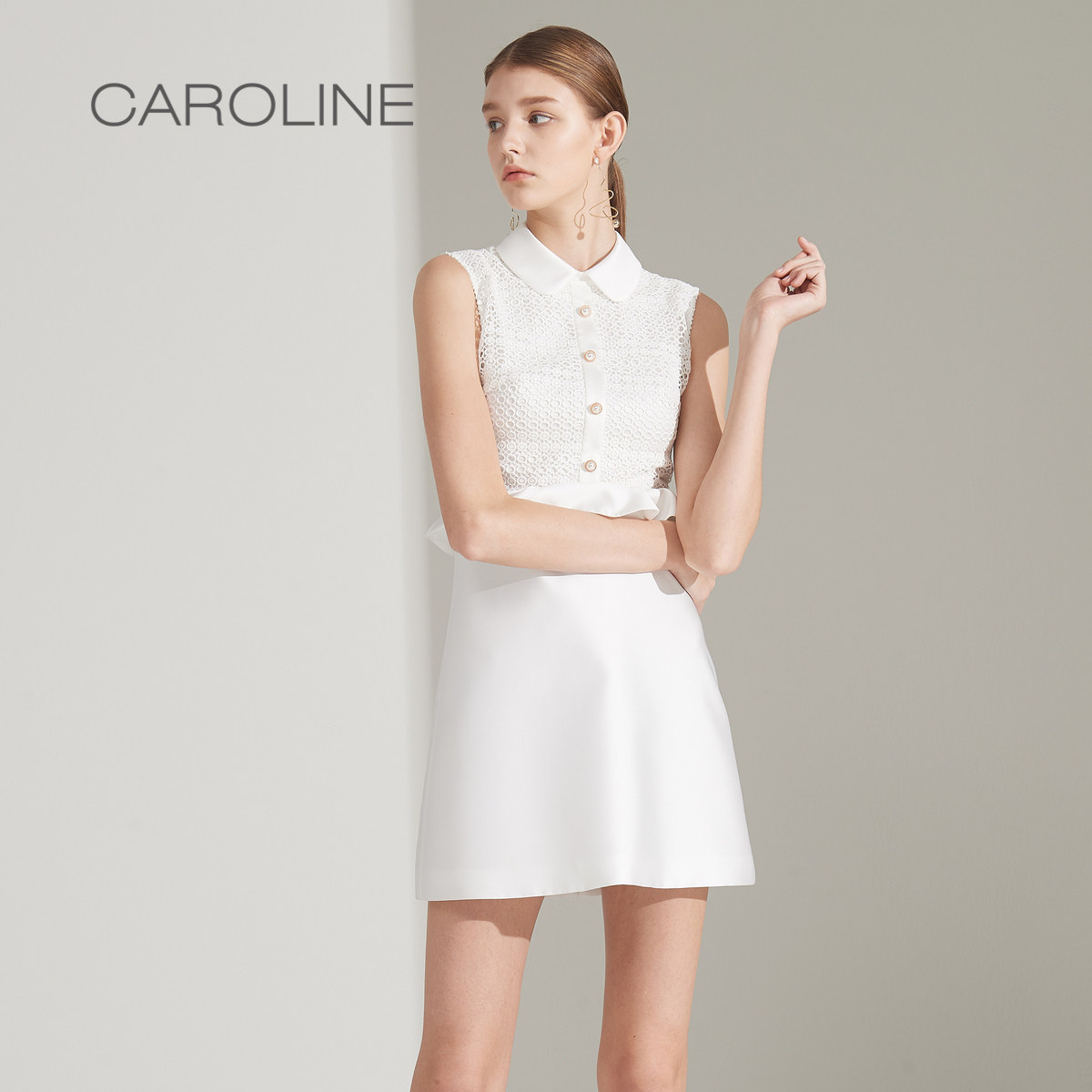 caroline卡洛琳春夏新款ol通勤荷叶收腰蕾丝连衣裙连衣裙