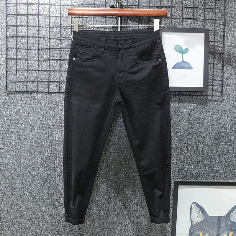 柔软夏季薄款 黑色九分牛仔裤男超薄款修身小脚纯黑弹力潮流裤子