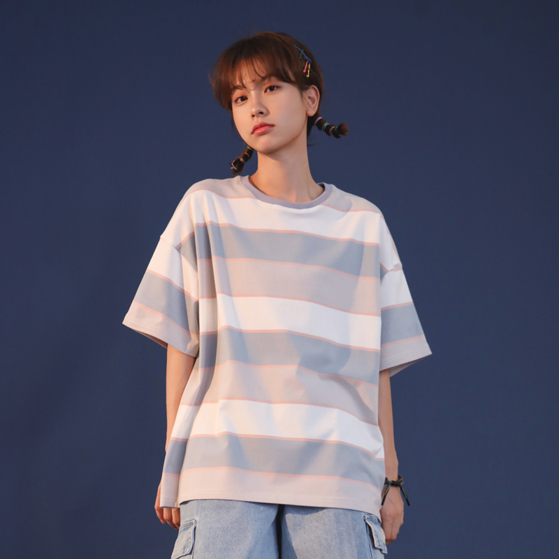 条纹短袖t恤女2022年夏新款学生韩版宽松盐系少女感彩虹上衣ins潮
