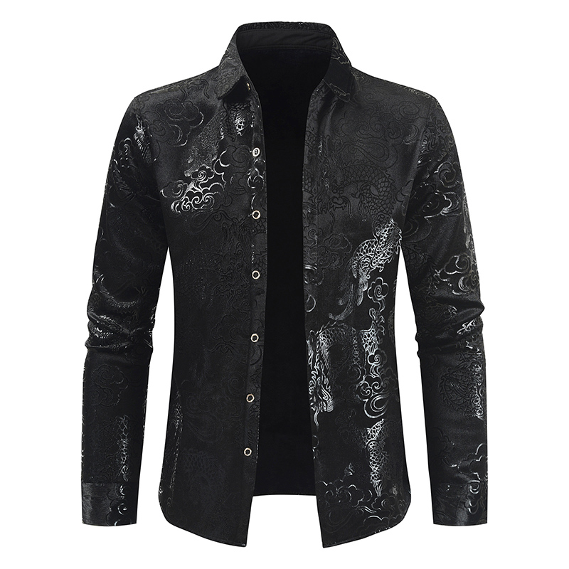 2021秋冬加绒衬衫男子潮流男子韩版复古印花长袖衬衫个性 打底衫