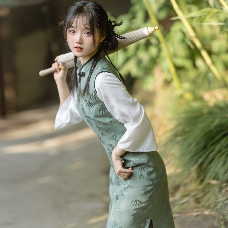 旗袍无袖中式新中式套装少女印花竹叶国风民国时尚套装