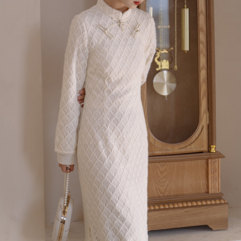 装饰窄袖双层蕾丝旗袍长款珍珠国风民国如月旗袍