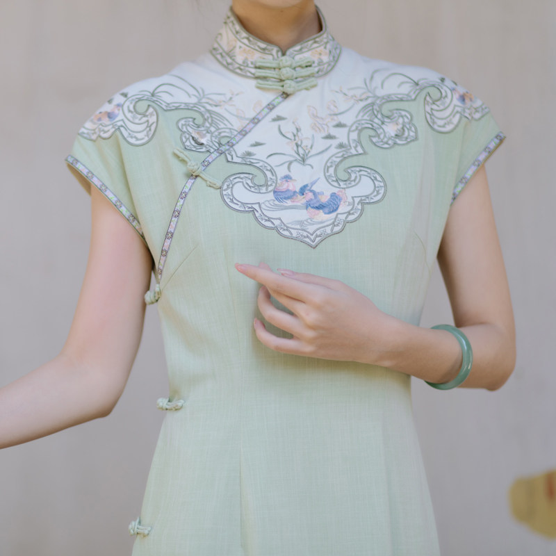 旗袍时光曼草复原重工全开开襟传统如意襟长款旗袍