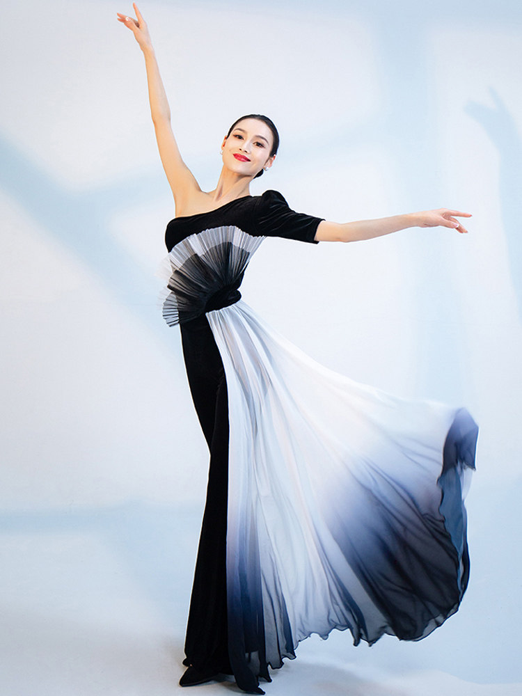 个性斜肩立体扇花长飘设计形体礼仪导师演出服现代舞服装