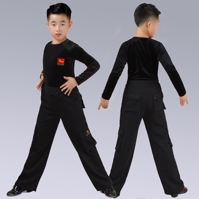 儿童男拉丁舞服装男童男孩男生少儿长袖练功舞蹈服套装上衣金丝绒