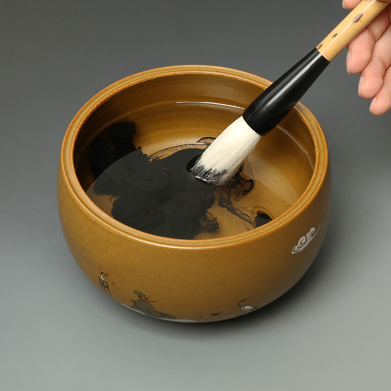 手绘笔洗景德镇仿古陶瓷文房四宝仙人抚琴图茶洗笔文房四宝
