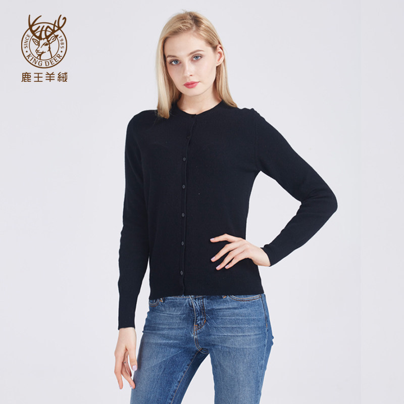鹿王女装山羊绒长袖单排扣平针圆领纯色打底百搭毛针织衫