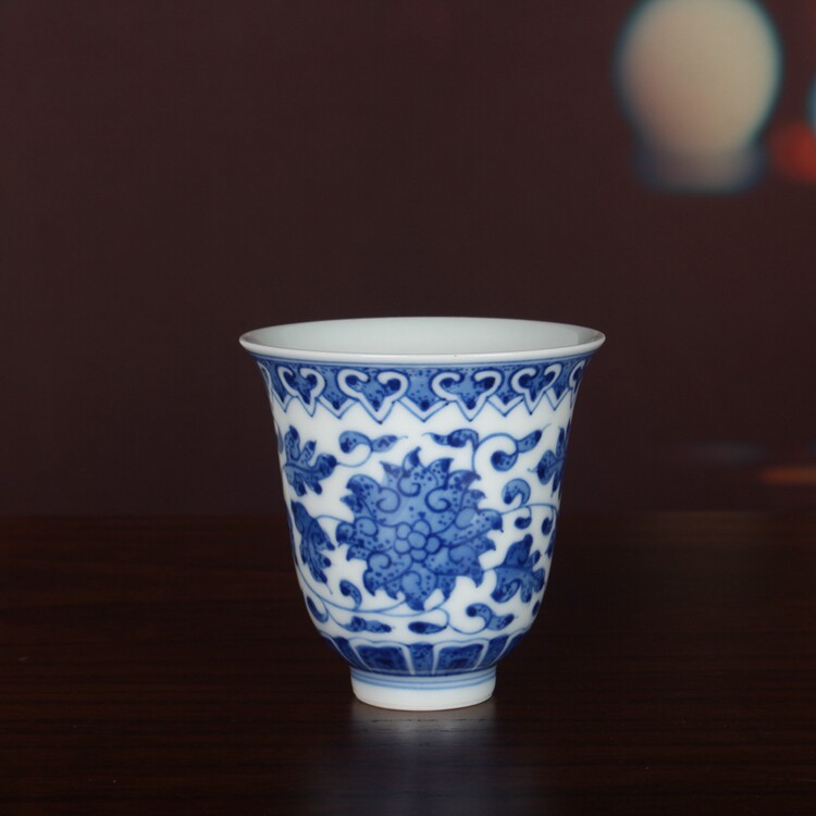 复古寒窑青花手绘缠枝莲茶杯闻香茶具古玩古董陶瓷器仿古收藏品