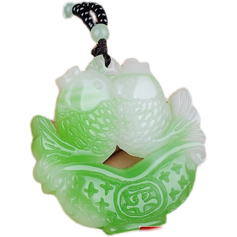 翡翠翠绿富贵平安玉牌和田玉石双鱼挂件男女颈饰