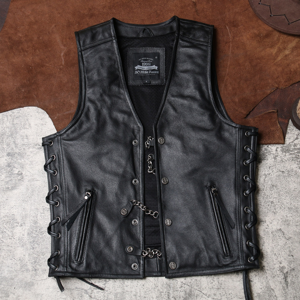 无领宽松机车皮马甲哈雷男士真皮俱乐部队服马夹背心