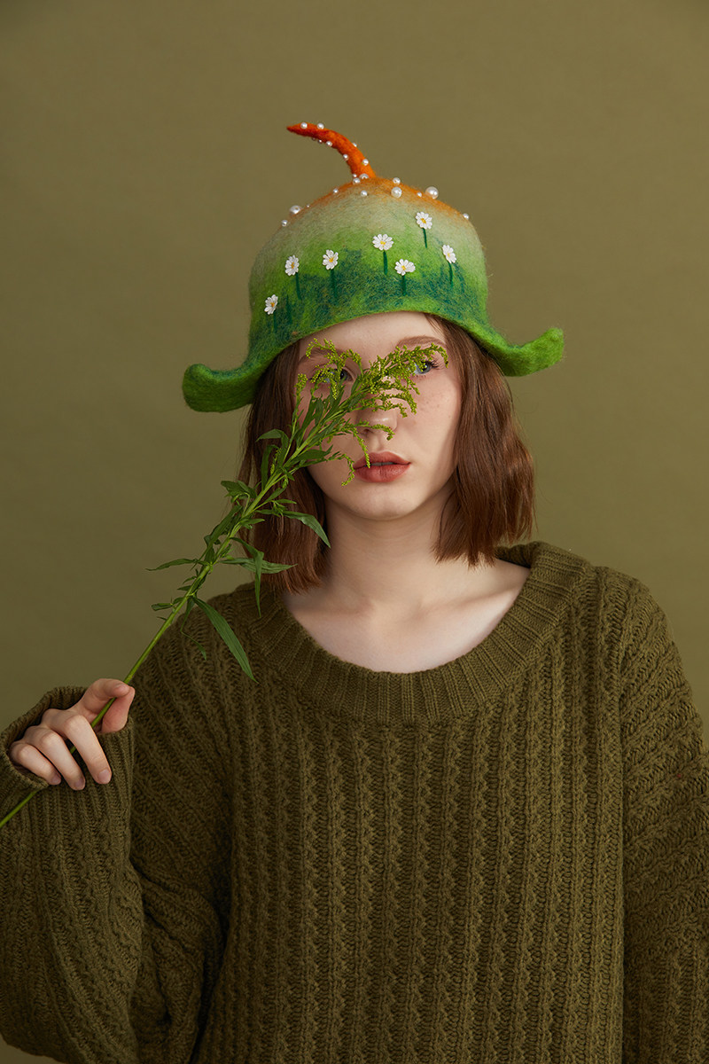 瘦瘦家手工羊毛毛毡湿毡制作精灵春雨复苏夏普帽子