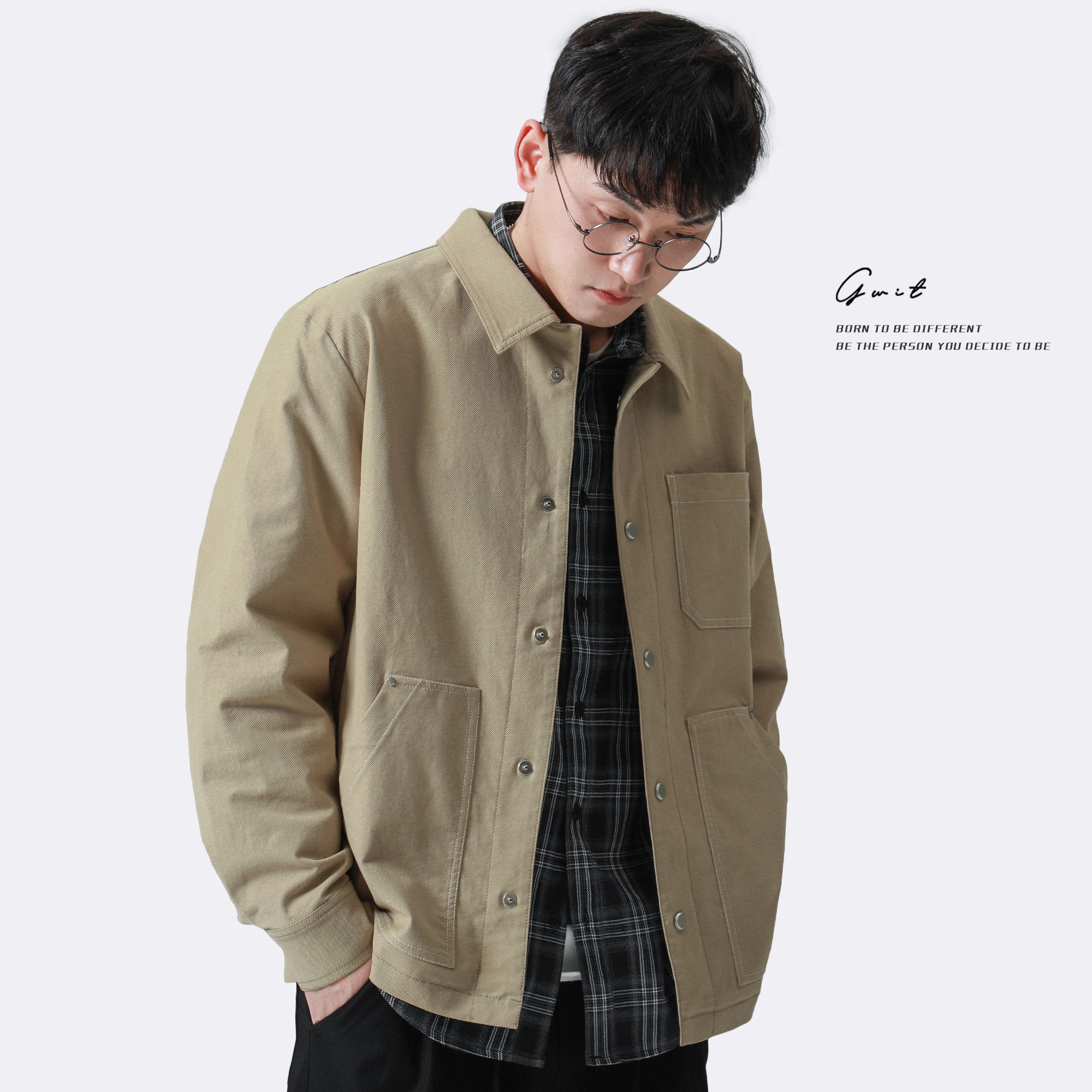 GWIT 轻磅PIMA棉 春秋新款休闲潮流夹克上衣服宽松翻领工装外套男