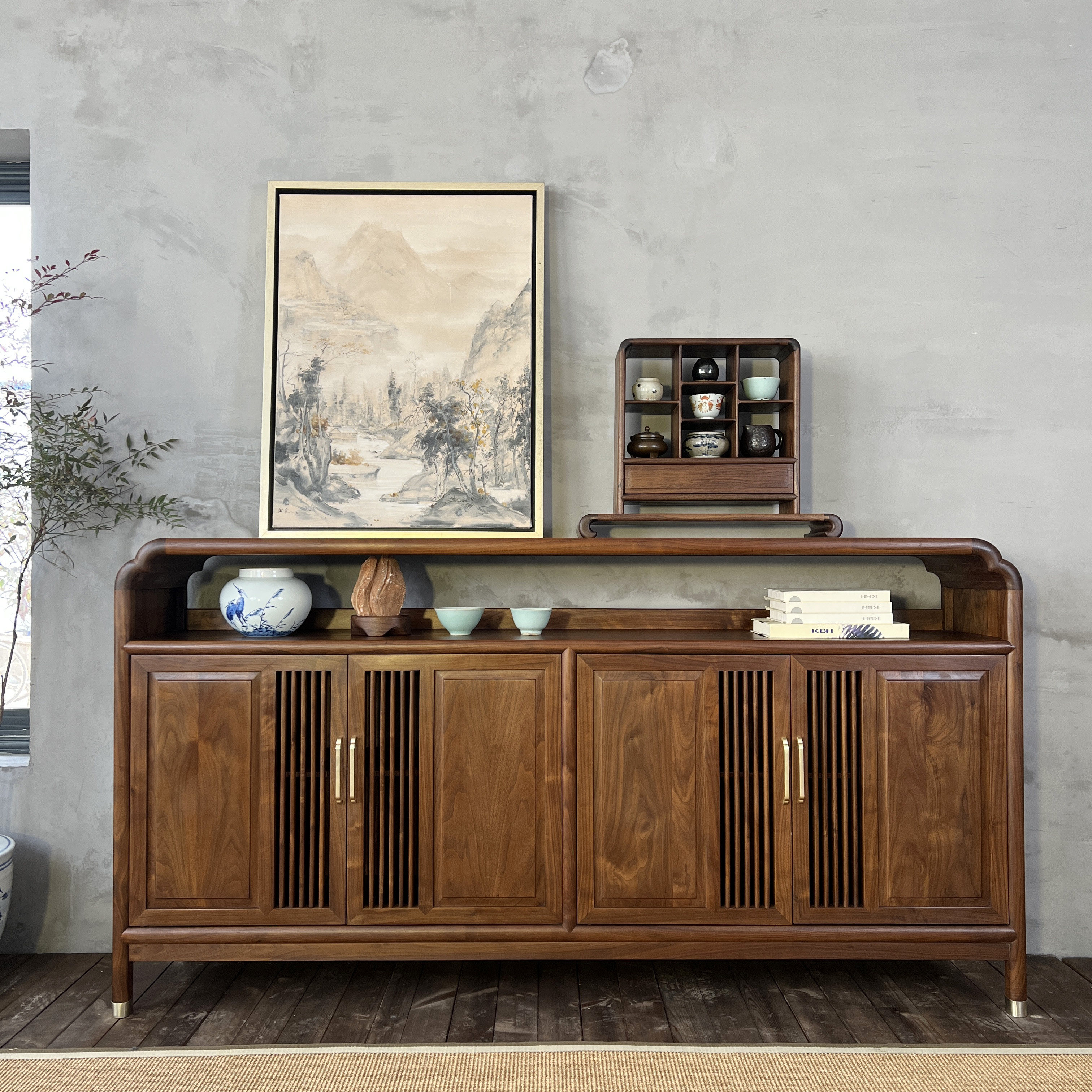 乐木玄关酒柜矮柜储物柜边柜茶室餐边柜新中式胡桃木餐边柜