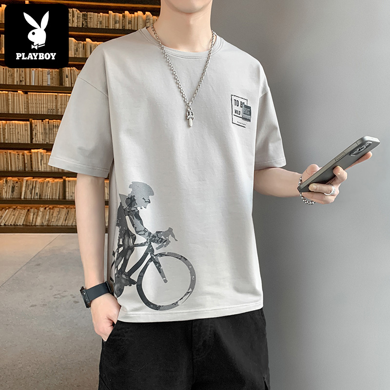 花花公子冰丝短袖t恤男夏季薄款潮流半袖速干体恤宽松潮牌上衣服