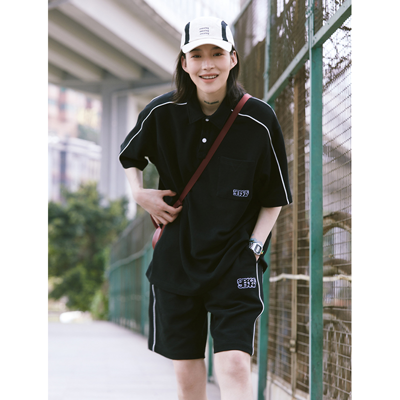 珍妮宇航局 运动风套装女2022夏季休闲poloT恤短裤两件套宽松街头