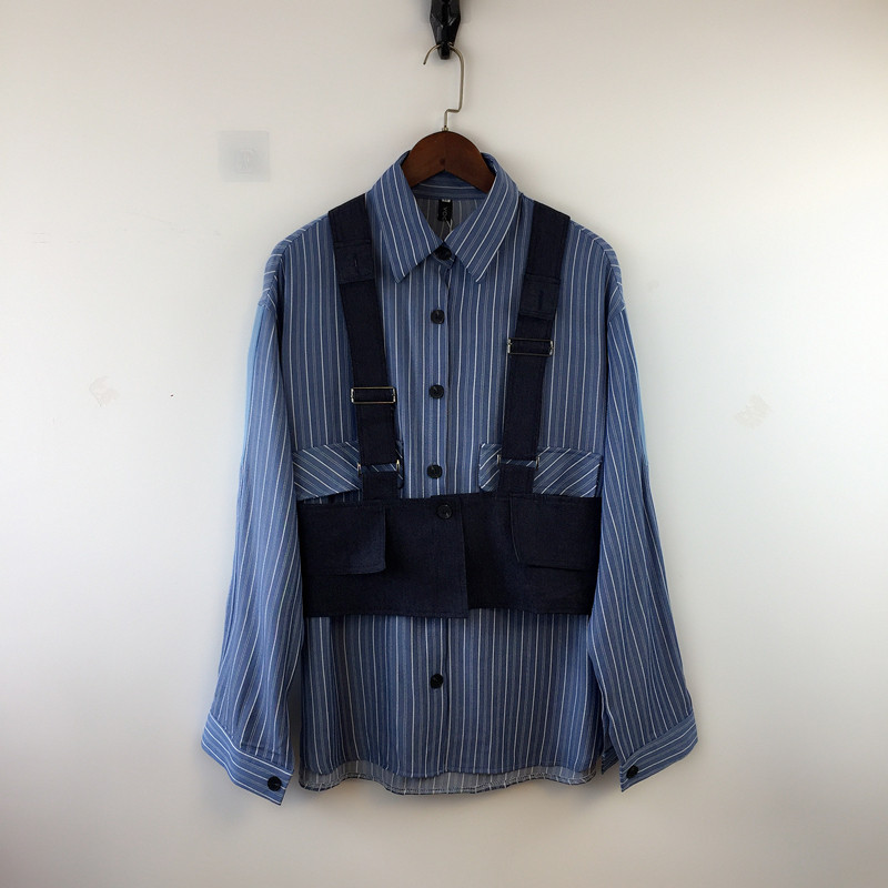 蓝色牛仔马甲衬衫男韩版潮流秋装衬衣设计两件衬衫