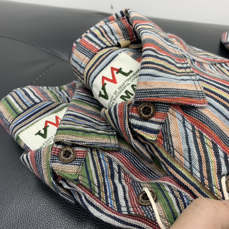 阿美咔叽日系复古民族风工装衬衫纯棉彩色条纹潮流宽松长袖衬衣男