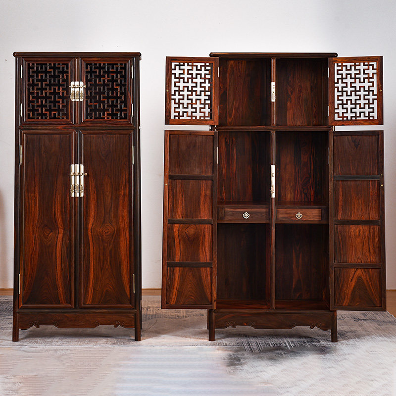 品尊轩明式镂圆角一对老挝大红酸枝交趾黄檀衣柜