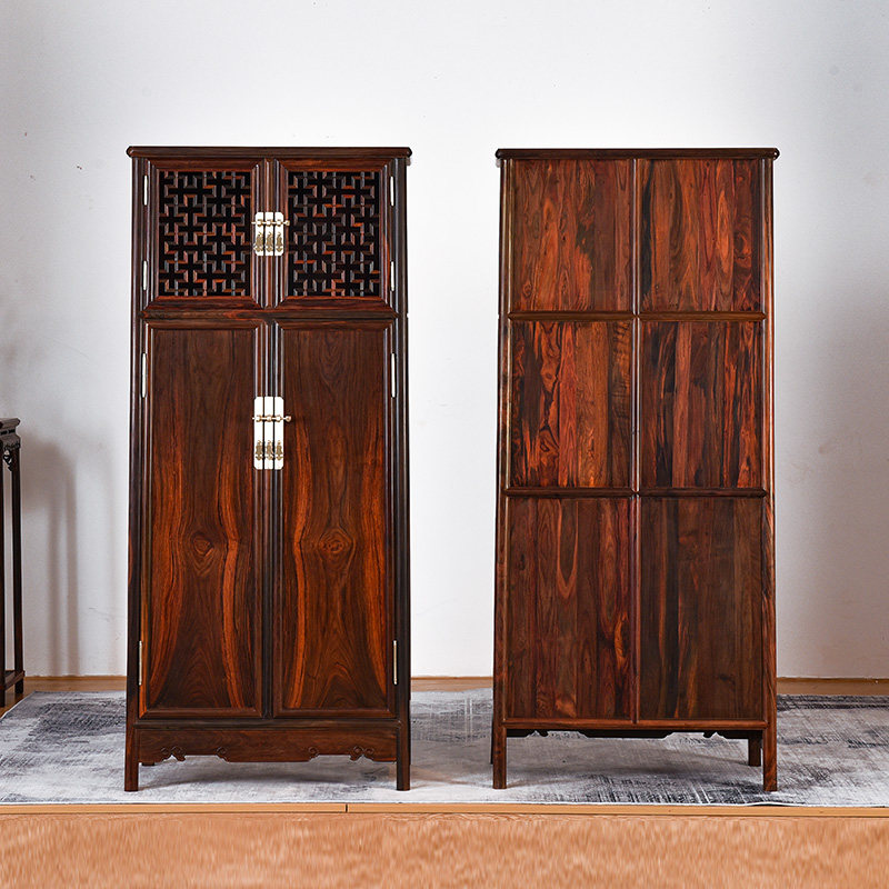 品尊轩明式镂圆角一对老挝大红酸枝交趾黄檀衣柜