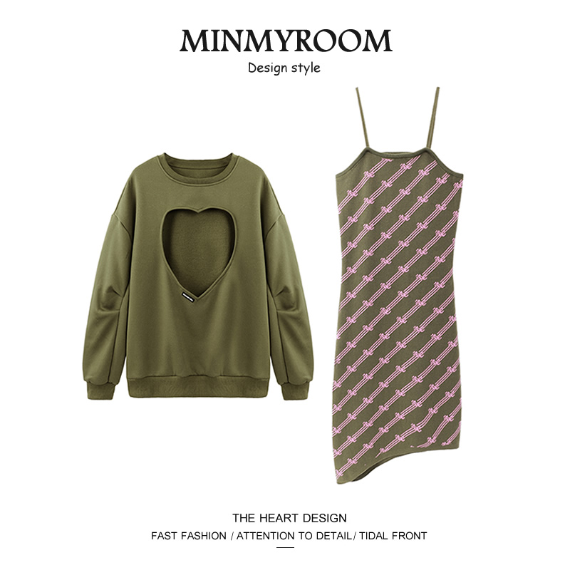 MINMYROOM辣妹时尚套装女ins潮绿色爱心镂空卫衣叠穿吊带裙两件套
