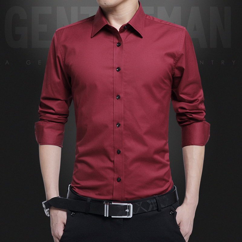 高级感酒红色加绒保暖衬衫男新郎结婚商务正装长袖西装白色衬衣男