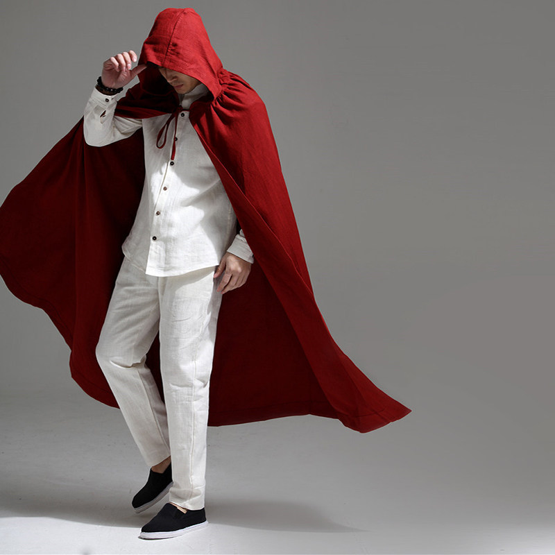 中国风斗篷民族春季风衣亚麻男士长款纯色棉麻外套披风文艺居士服