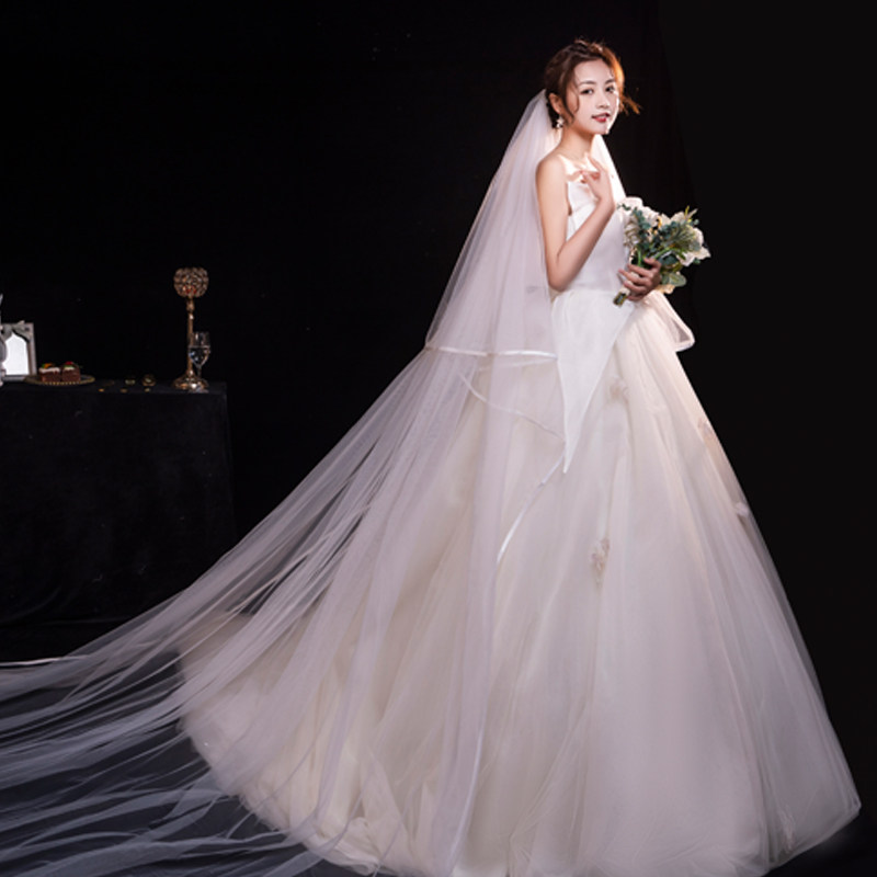 新娘结婚头纱新娘主婚纱超长拖尾卷边珍珠蓬蓬头饰超仙纱森系头纱