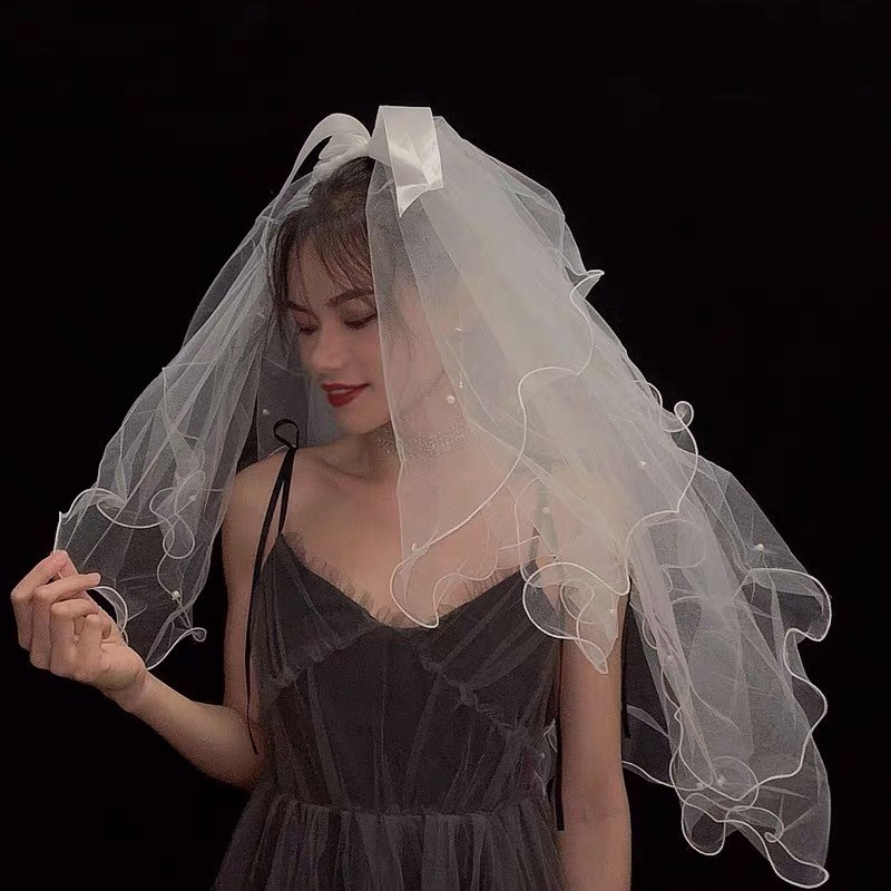 白色新娘婚纱头纱短款女新娘四层蝴蝶结超仙网红拍照森系头纱