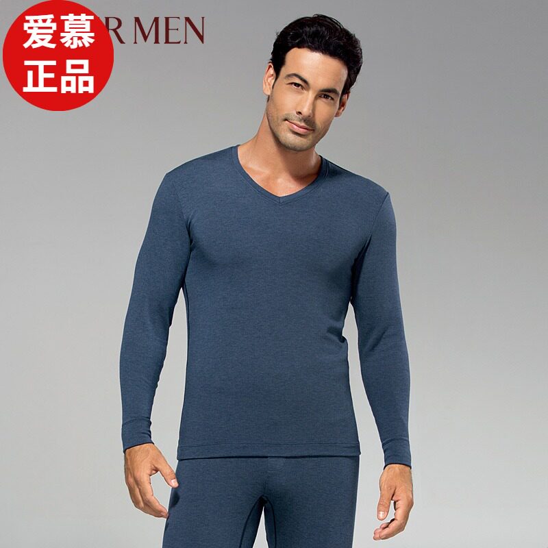 爱慕男士爱慕先生14aw亲肤暖绒单层纯色长袖秋衣保暖上装