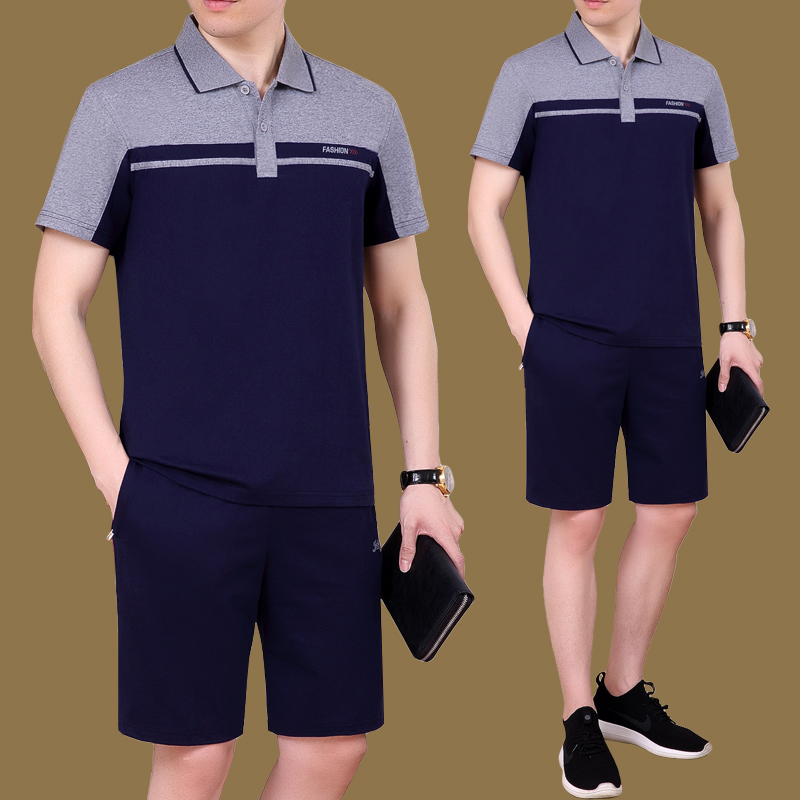 中年男装爸爸夏装纯棉套装短袖t恤男士40-50岁中老年休闲运动衣服