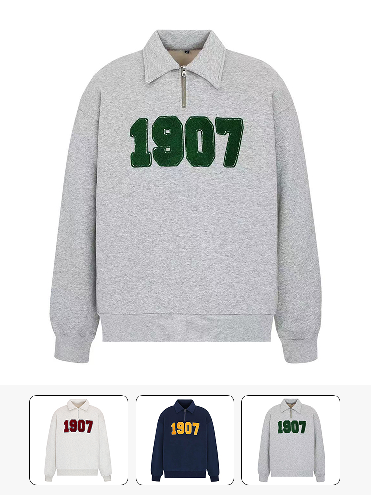 4UYES 复古美式国潮牌刺绣1907标语情侣男女宽松半拉链翻领卫衣