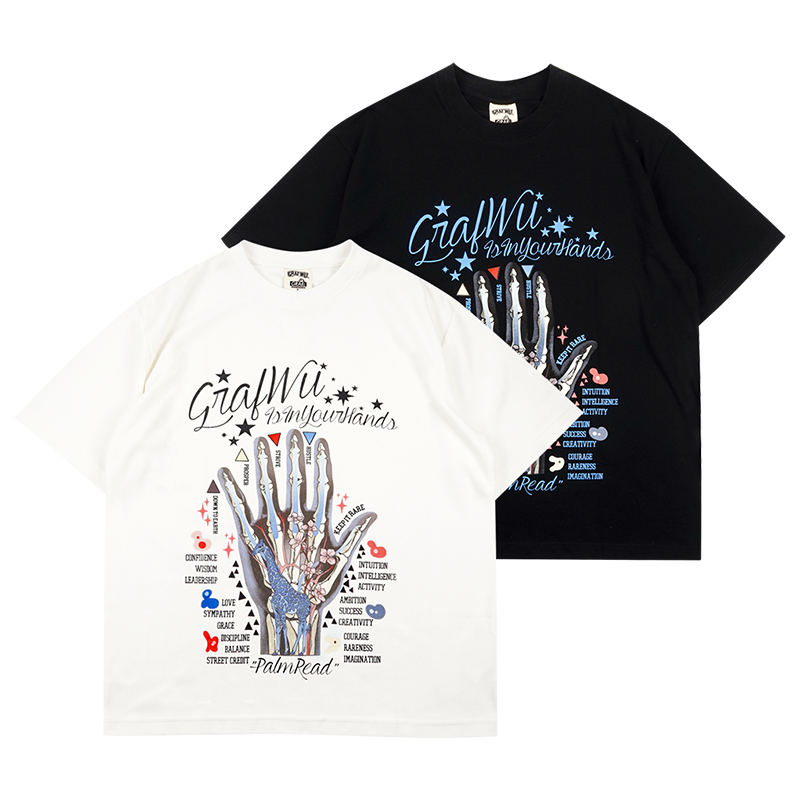 GRAF原创品牌Palm手掌和花卉长颈鹿透视骨骼加厚柔软短袖T恤