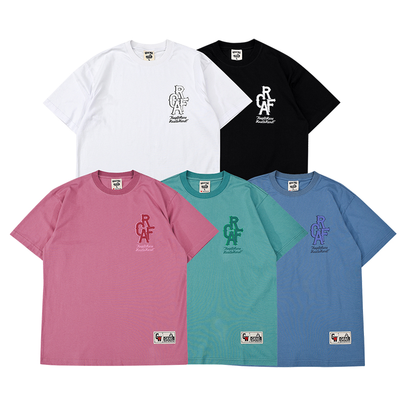 GRAF原创品牌字母组合立体手感印花莫兰迪配色纯棉落肩宽松T恤