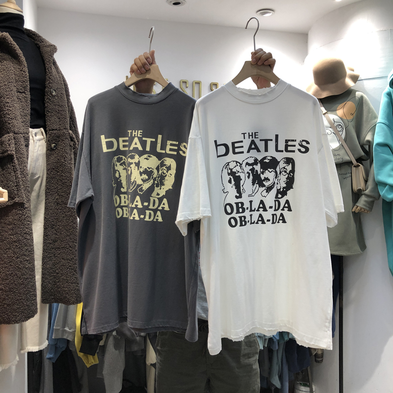 韩国东大门新品短袖T恤女中长款复古洗水棉做旧破洞学生打底衫薄