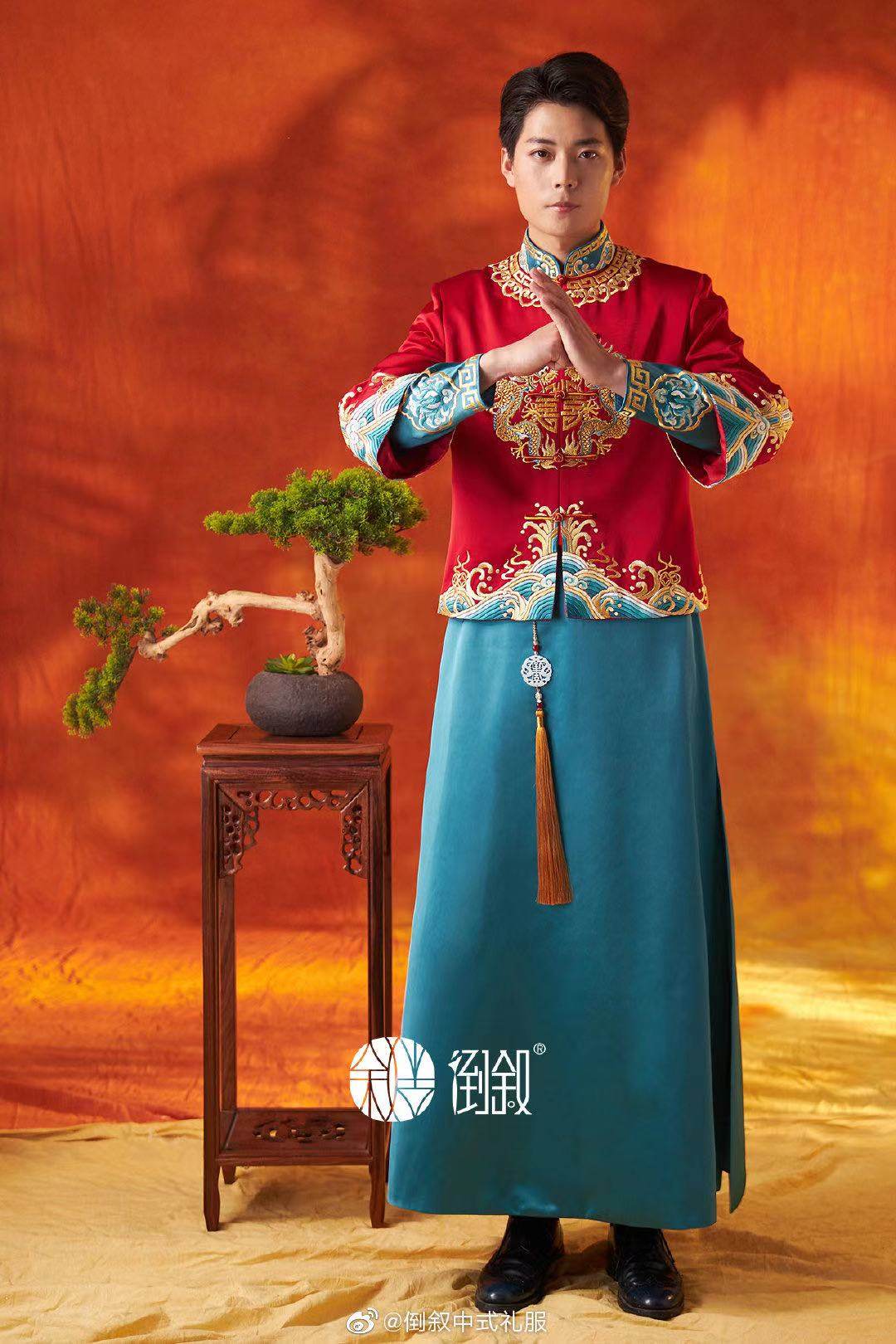 马来新款中高高端男士百搭中式倒叙婚礼新郎旗袍